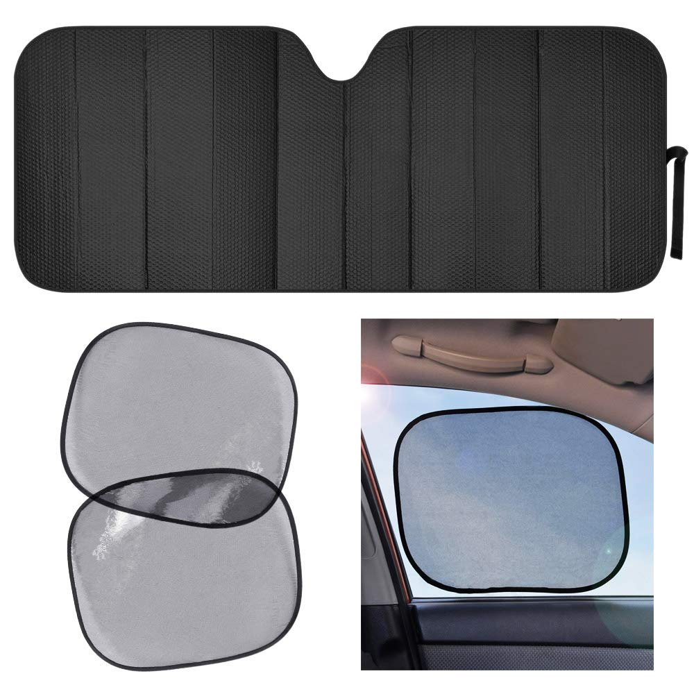 Front Windshield Shade with Static Cling Shade-Jumbo Accordion Folding Auto Sunshade for Car Truck SUV-Blocks UV Rays Sun Visor Protector-Keeps Your Vehicle Cool-66 x 27 Inch (Black)