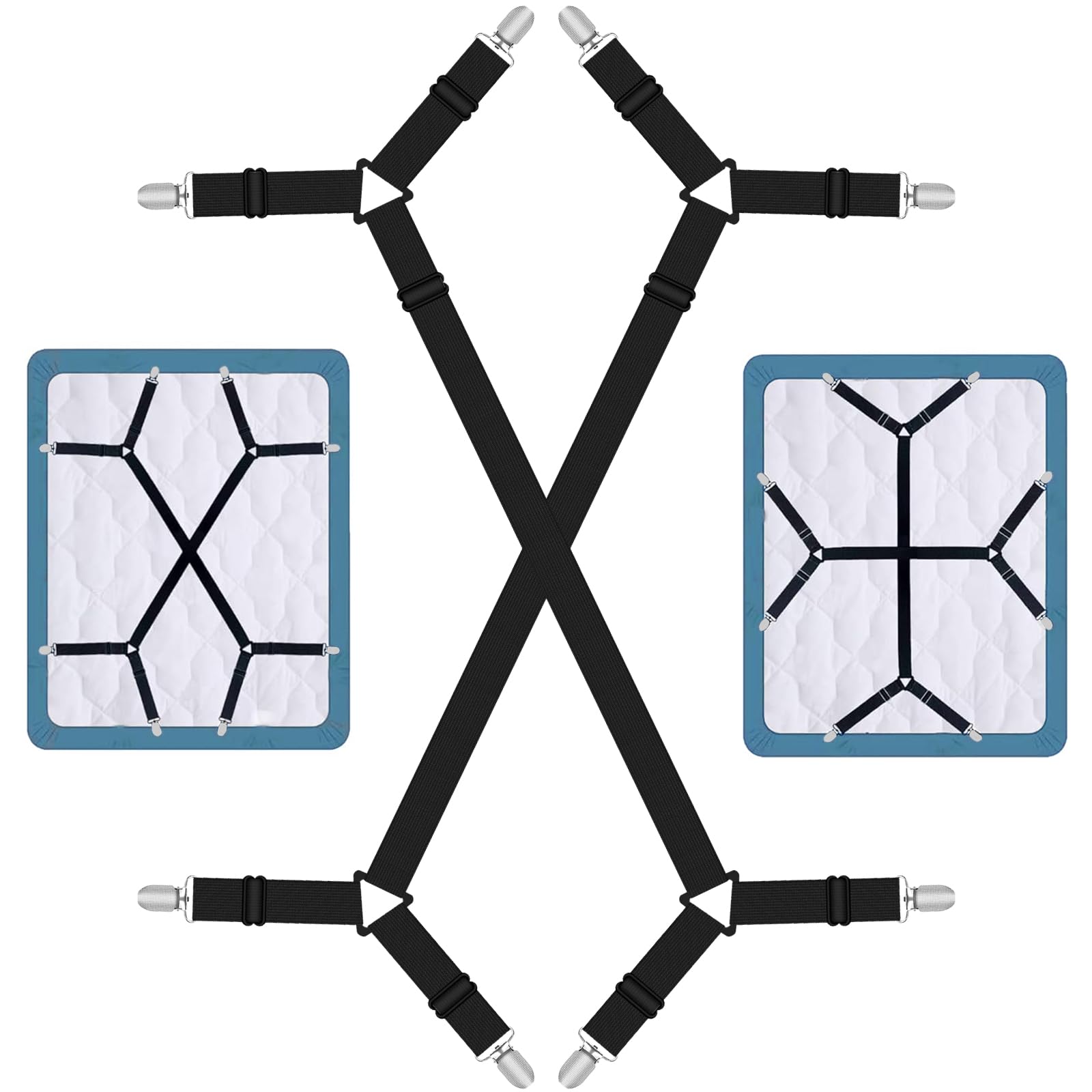 Quelcc Bed Sheet Clips, Crisscross Fitted Sheet Straps for Bedding, Adjustable Bed Sheet Straps, Sheet Holders Straps for Bedding, Mattress Covers, Bed Sheets, Sofa Cushion, 2Pcs/Set Black