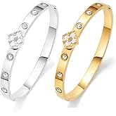 18K Gold Plated Floral Bangle Bracelets for Women Dainty Non Tarnish Stainless Steel Bracelet Jewelry Christmas Mothers Day Gifts for Women 2Pcs Gold/Silver