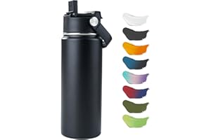 Kerilyn Stainless Steel Insulated Water Bottle, 18oz Double Wall Vacuum Insulated Water Bottle Leak Proof with Silicone Straw, Wide Mouth Lid, BPA Free, Keep Cold and Hot, 18oz, Black