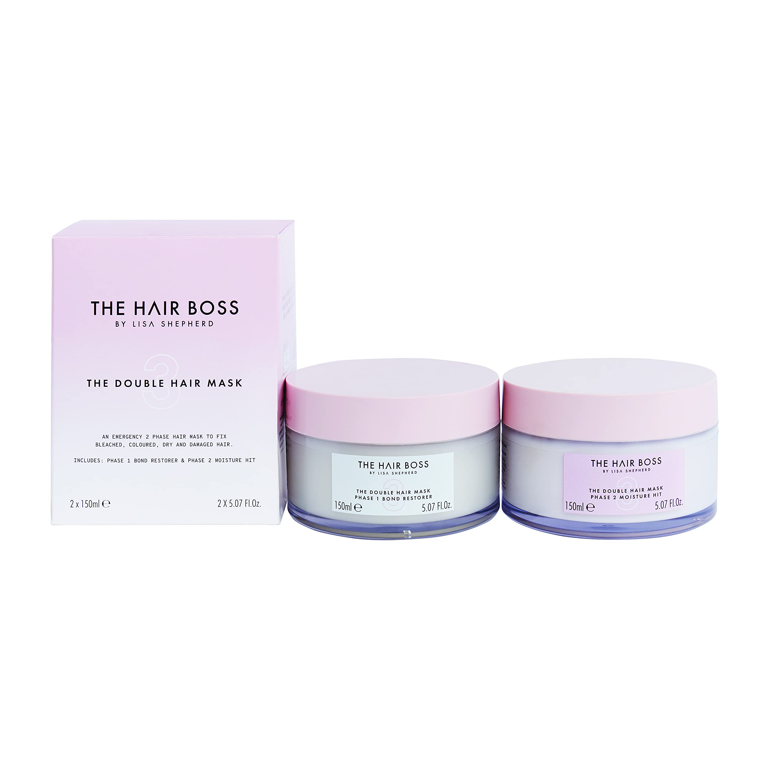 THE HAIR BOSS BY LISA SHEPHERD Double Hair Mask with Hydrolyzed Keratin and Hyaluronic Acid, 2 x 150ml, white