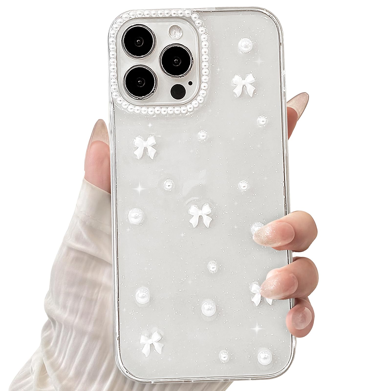 Photo 1 of NITITOP Compatible with iPhone 14 Pro Max Case Clear Cute for Women Girls Glitter with 3D Bowknot Pattern Pearl Design Bling Sparkly Protective Phone Cover - White