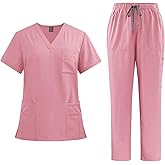SOEDZUNG Women's V-Neck Scrub Set Top & Pants 9 Pockets Medical Uniform for Nurses Doctors Healthcare Workwear Comfort Fit