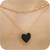 OZEL Layered Necklace for Women, 2-Strand Stainless Steel Bead & Cable Chains with Butterfly, Heart or Flower Pendant, Black Onyx or White Mother of Pearl