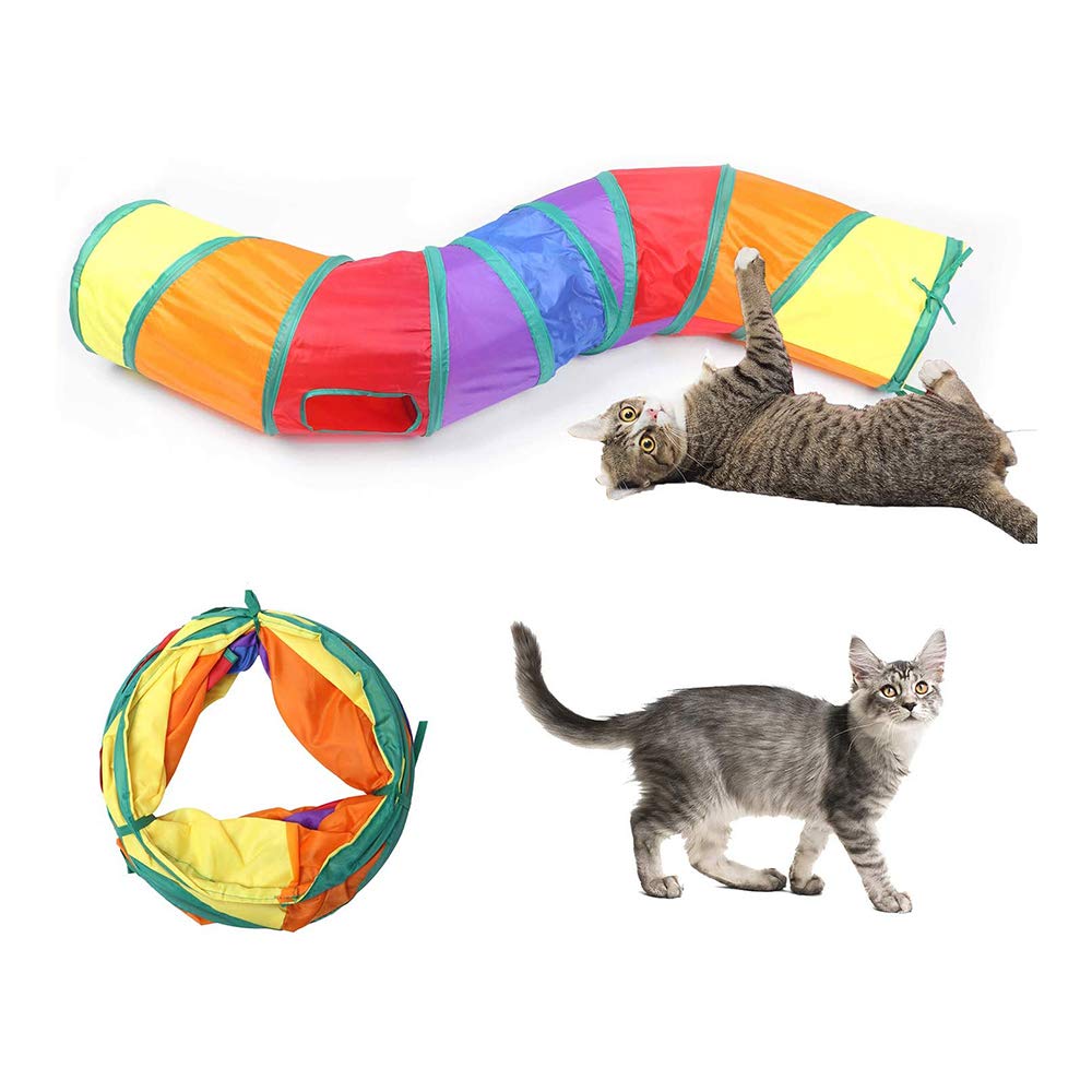 Andiker Cat Tunnel, S-Shape Cat Tube Collapsible Kitten Play Toy with 2 Side Holes for Kitten Exercising Hiding Training and Running Cats Toy for Indoor Cats(Multi-Colored)