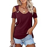 Minetom Women's Cold Shoulder Tops Short Sleeve V Neck T Shirts Basic Summer Tees