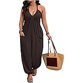 WDIRARA Women's Plus Size Backless Halter Jumpsuit Deep V Neck Sleeveless Pants Romper