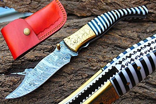 4.1"Damascus Blade Handmade Folding Knife w/Liner Lock,File-work,Engrave Brass Bolsters,Kerinite & Leather Sheath UDK-usaS2-189