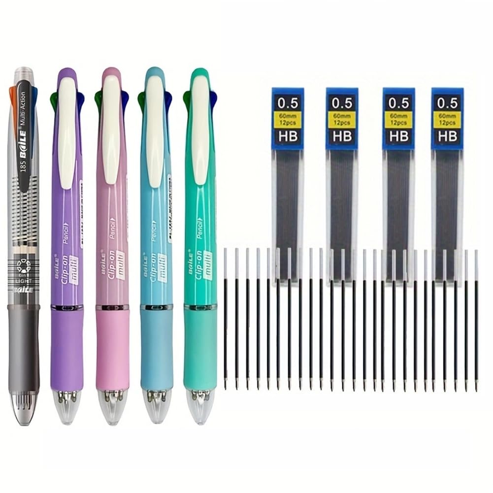 MROOFUL 21Pcs/set 5 In 1 Multicolor Ballpoint Pens 0.7mm Medium Point Creative 4 Color Ball Pen Refill and Pencil Lead Multifunction Pen Office Writing Supply