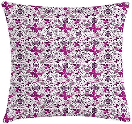 Purple Throw Pillow Cushion Cover, Amorous Butterflies Hearts and Flower Blooms Celebration of Valentines Day, Decorative Square Accent Pillow Case, 18 X 18 Inches, Fushcia Violet White