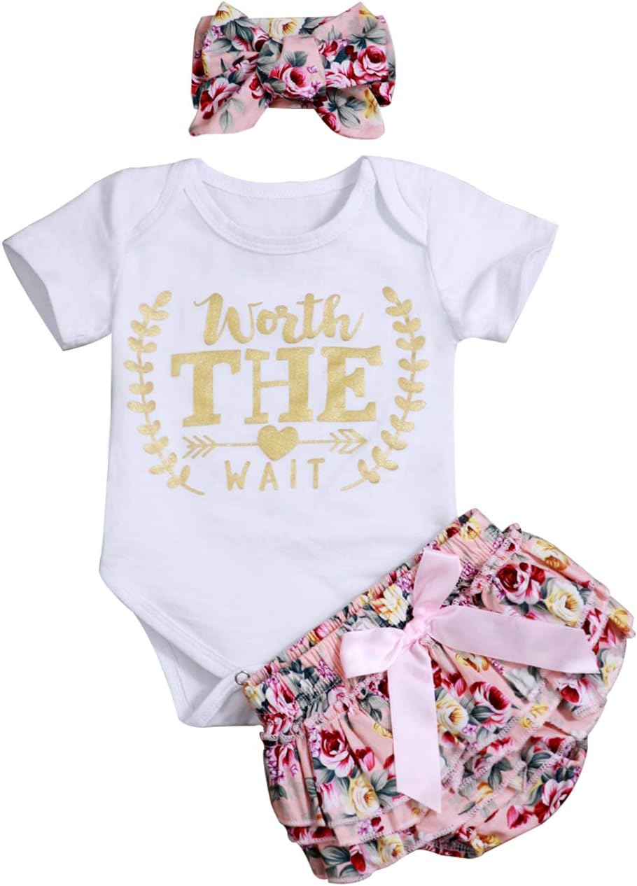 Newborn Baby Girl Clothes Letters Print Romper + Ruffle Floral Shorts Bow-Knot Bodysuit Headband Outfits