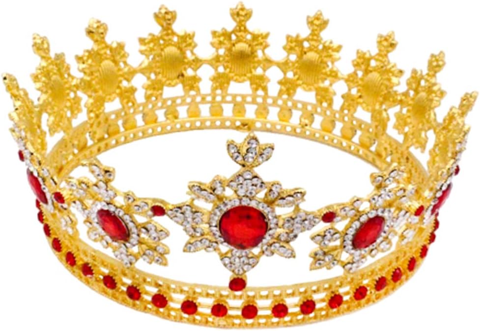 FRCOLOR Baroque Crown Queen Full Round Crowns Rhinestone Beads Vinatge Princess Tiara Wedding Headpiece for Women,Bride(Gold Red) - Image 3