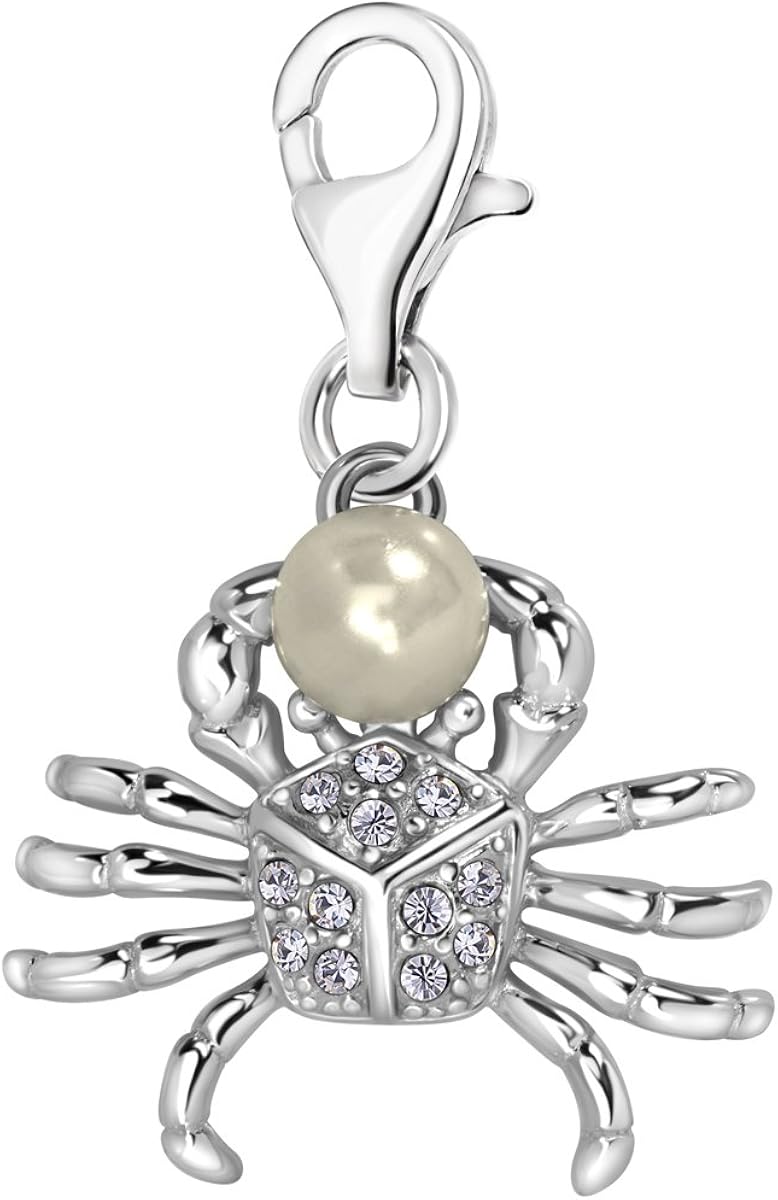 Quiges 925 Sterling Silver White Cubic Zirconia and Imitation Pearl 3D Ocean Crab Lobster Clasp Charm Clip on Pendant
