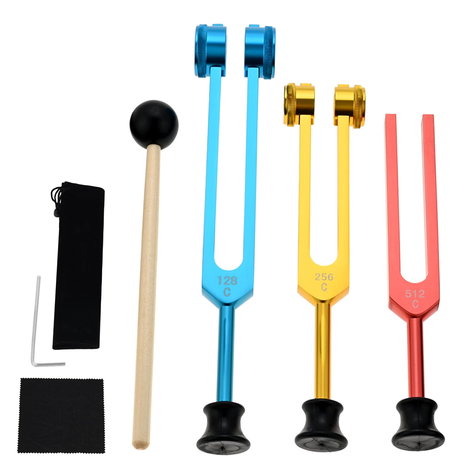 DRELD Tuning Forks Healing -128Hz, 256Hz, 512Hz Tuning Fork with Rubber Base for Chakra Frequency Healing, Sound Therapy, DNA Repair with Cleaning Cloth, Allen Key and Silicone Hammer (Colorful)