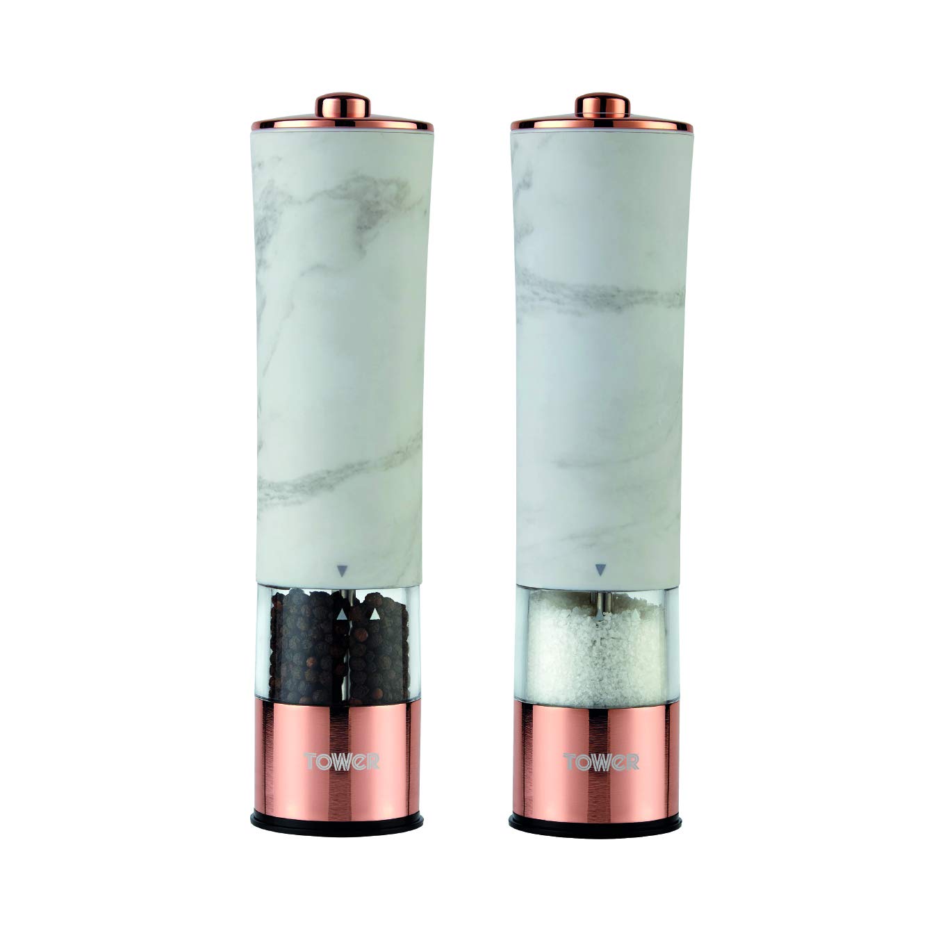 Tower Marble Rose Gold Electric Salt and Pepper Mill with LED Light, Battery-Operated Grinding Mechanism, White Marble and Rose Gold โ image 1
