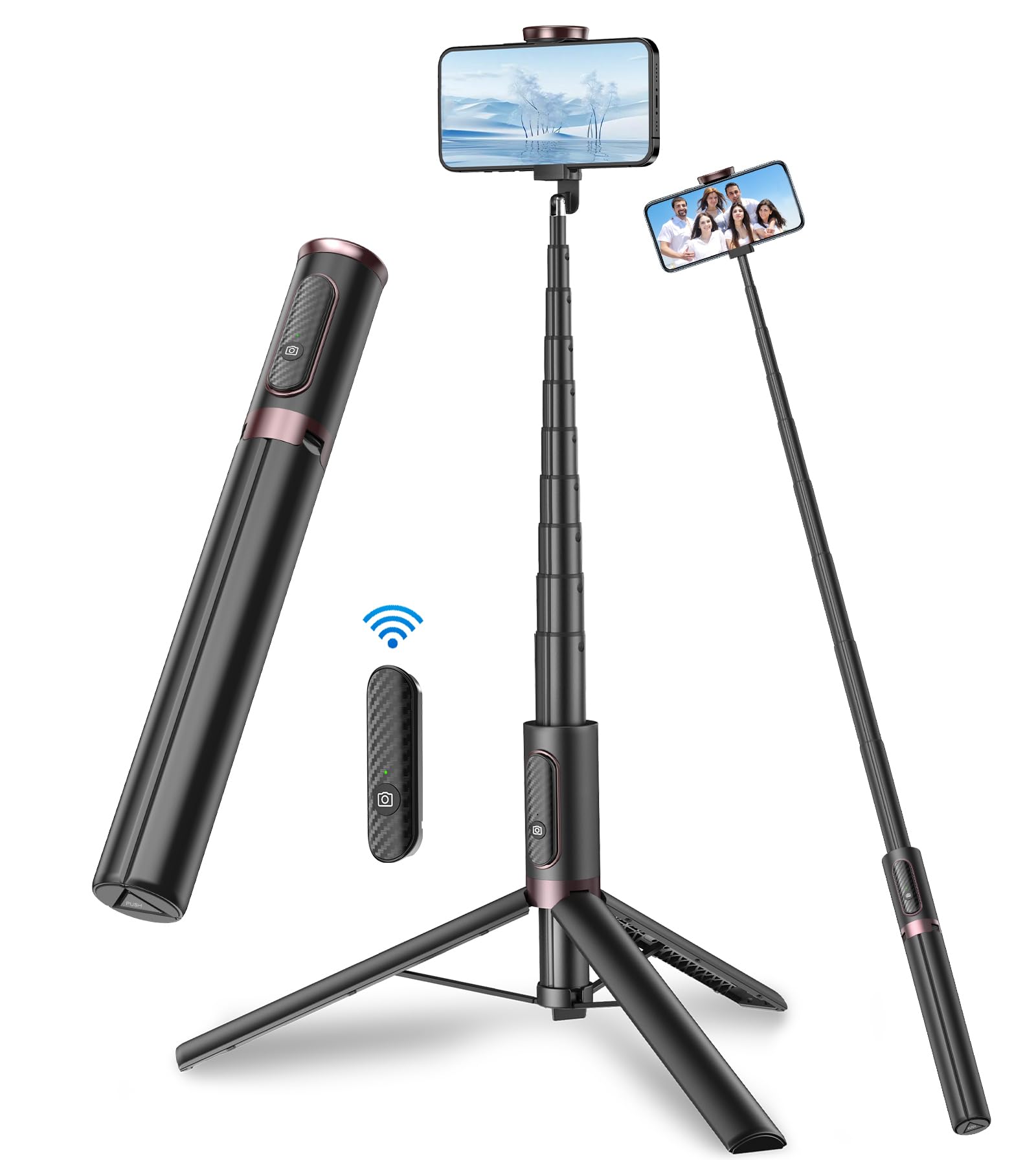 TONEOF 67" Selfie Stick Tripod, All-in-1 Phone Tripod Stand Video Kits with Integrated Wireless Remote,Portable,Lightweight,ExtendableTripod for Selfies/Live/Video Recording/Travel-Black