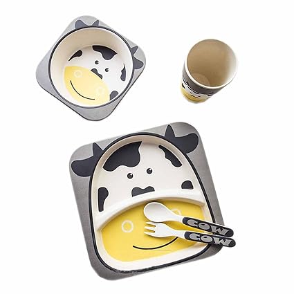 EZ Life 5 Pcs Kids Dining Set - Cow - Eco Friendly - Bamboo Fibre - Plate, Bowl, Spoon, Fork & Cup - Multicolor
