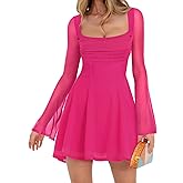 Aisbei Women's Sexy Square Neck Bell Sleeve Ruched A Line Mini Dress Mesh Party Club Short Dress