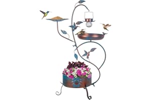 dreamysoul Metal Bird Bath for Outside, Birdbaths Outdoors with Planter and Feeder, Garden Blue Bird Baths with Solar Lights