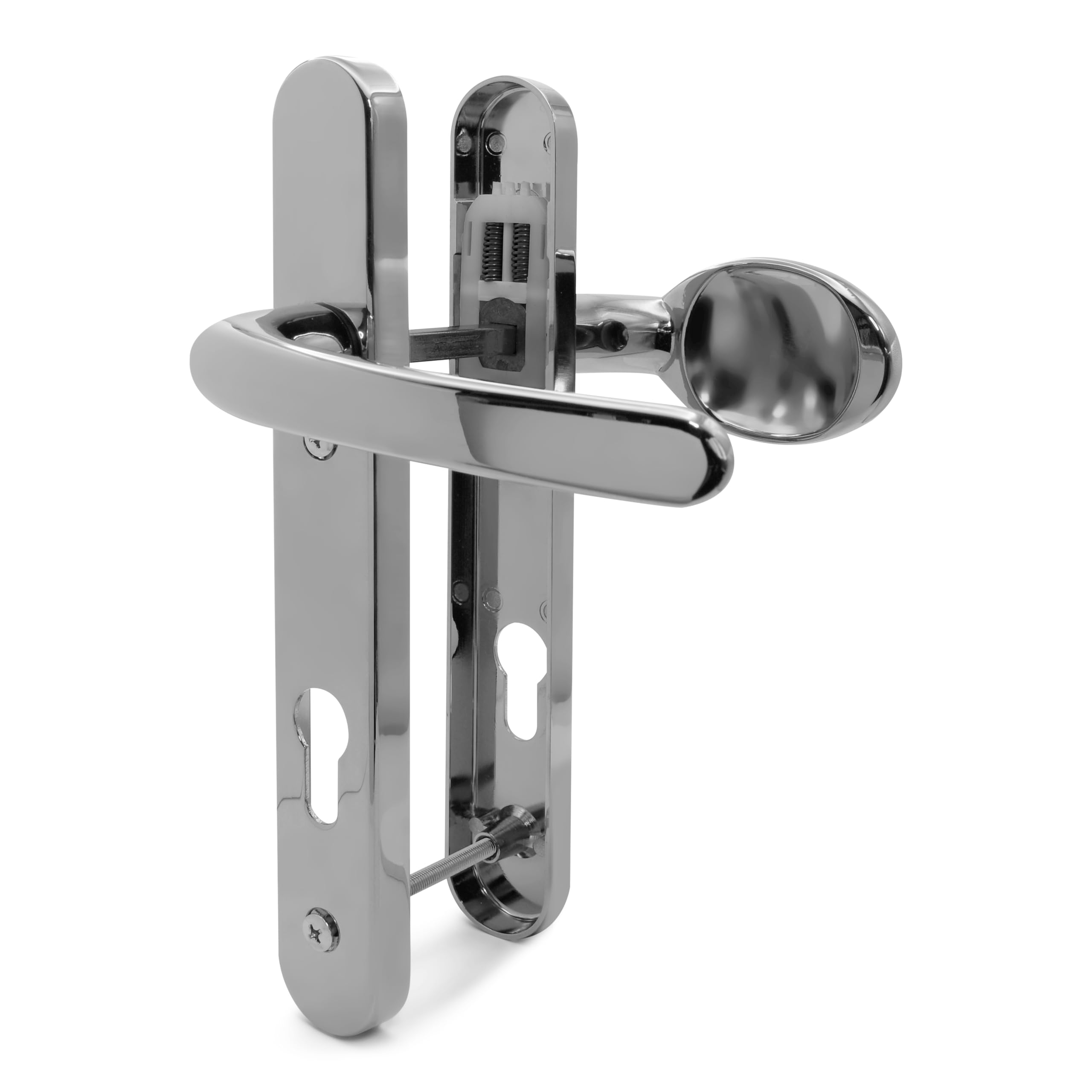 TSS Polished Chrome UPVC Door Handle Pair Set, Sprung, 92mm PZ (Centres), Lever Moveable Pad, 122mm Screw To Screw (screw centres), Backplate 245mm x 34mm - Replacement PVC Door Handle in Polished Chr