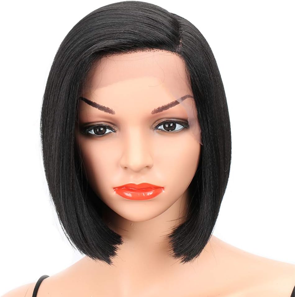 Eliza Short Bob Wigs L Part Lace Front Wigs with Baby Hair Heat Resistant Synthetic Wigs For Black Women Half Hand Tied 130% Density Ombre Blonde Wigs with Dark Roots (Natural black)