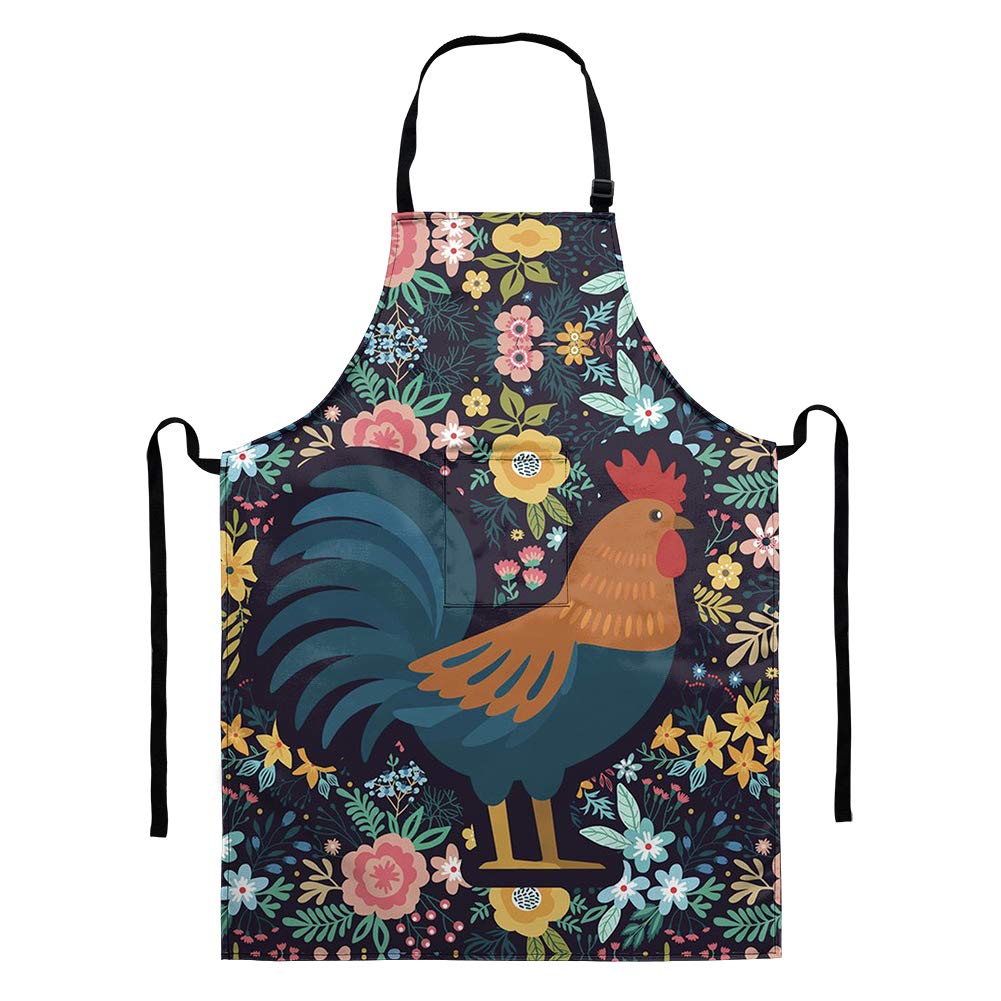 HUGS IDEA Fashion Cartoon Cock Chicken Flower Art Cooking Apron Adults Polyester Lengthen Kitchen Apron With Adjustable Neck Belt and Pocket For Baking Gardening Restaurant BBQ For Men and Women