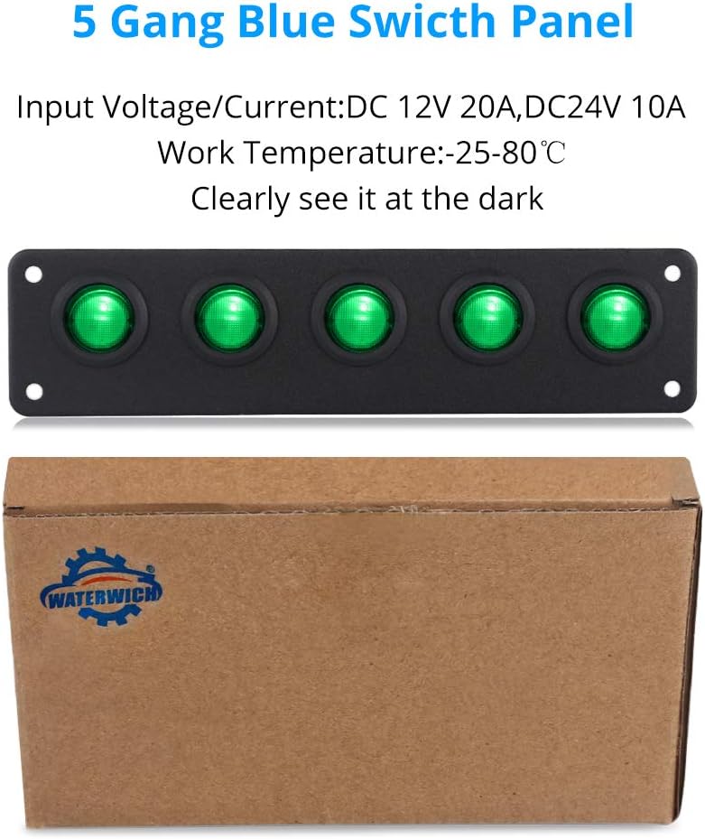 WATERWICH DC 12V-24V 5 Gang ON-Off Buttom Ignition Marine Boat Toggle Rocker Switch Panel Waterproof for RV Car Vehicles Truck Trailer Yacht SUV (5 Gang Green): Automotive