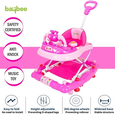Baybee Forza Baby Walker - The Anti Fall Baby Walker Cum Rocker with Adjustable Height and Musical Toy Bar Rattles and Activity Toys-Round Ultra Soft Seat Cycle Baby Walker