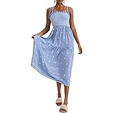 GRMLRPT Women Floral Embroidered Maxi Dress Boho Sleeveless Tie Strap Shoulder Dresses Smocked Summer Sundress with Pockets