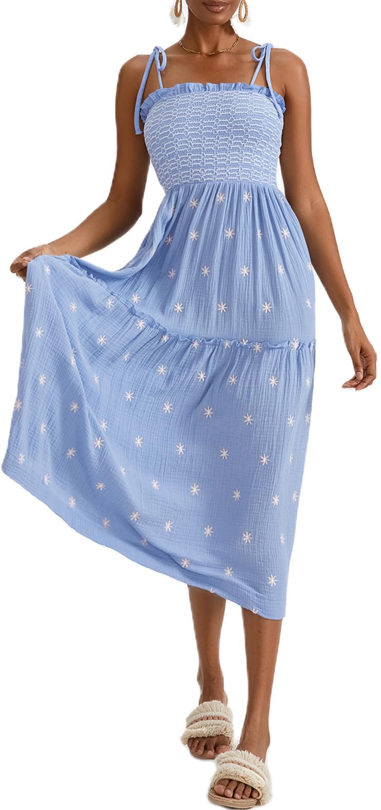 Photo 1 of GRMLRPT Women Floral Embroidered Maxi Dress Boho Sleeveless Tie Strap Shoulder Dresses Smocked Summer Sundress with Pockets,Light Blue
