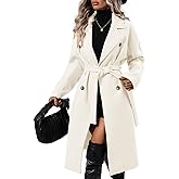 SAUKOLE Women's Trendy Lapel Collar Double Breasted Wool Blend Coats Winter Pea Overcoat Pocketed Outwear with Belt