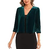 MINTLIMIT Women's Velvet Shrug Cropped Cardigan Ruched 3/4 Sleeve Open Front Cocktail Party Bolero Shrug Top for Dress