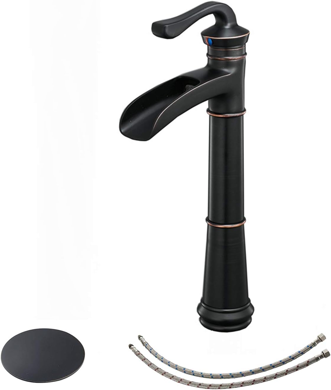 BWE Vessel Sink Faucet with Drain Assembly and Supply Line Lead-Free Waterfall Oil Rubbed Bronze Single Handle One Hole Bathroom Faucets Lavatory Mixer Tap Deck Mount Commercial