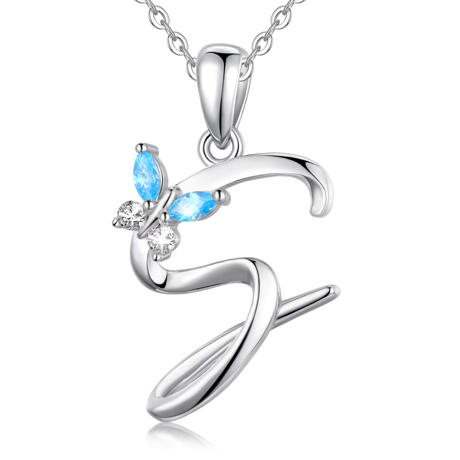 EUDORA Initial Butterfly Necklace 925 Sterling Silver S Alphabet Letter Personalised Pendant Necklaces with Blue Cubic-Zirconia Gifts for Women Ladies Girls Mother's day, 18 inches Chain — image 1