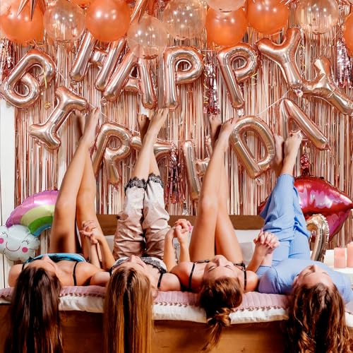 Pink Gold Birthday Party Decorations, Happy Birthday and Love Foil Letters Balloons, Pink Gold Fringe Curtain and Tassels, Stellate and Rainbow Balloons for Princess Party