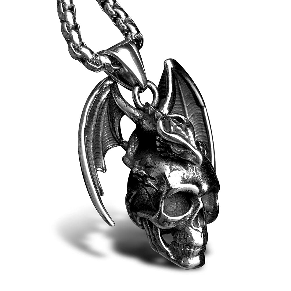 bahamut Mens Skull Dragon Pendant Necklace for Men Boys Silver Cool Punk Goth Accessory Jewelry with Stainless Steel Chain (Silver Skull Dragon)