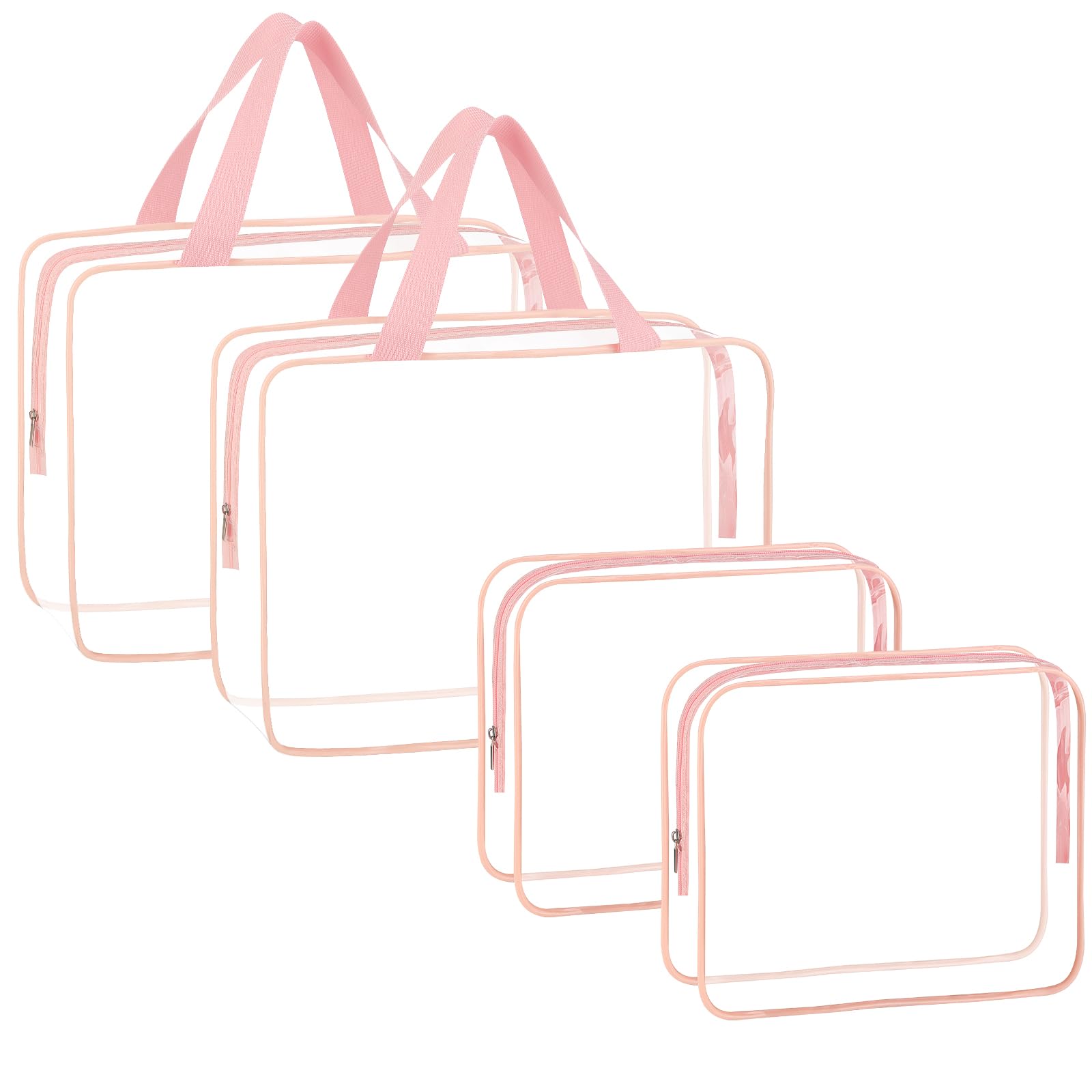 Photo 1 of 4-Piece Large Makeup Cosmetic Toiletry Bag - Clear Plastic PVC Tote Bags with Zipper Handle - Portable Travel Luggage Pouch - Airport Airline Vacation Organization (PINK)