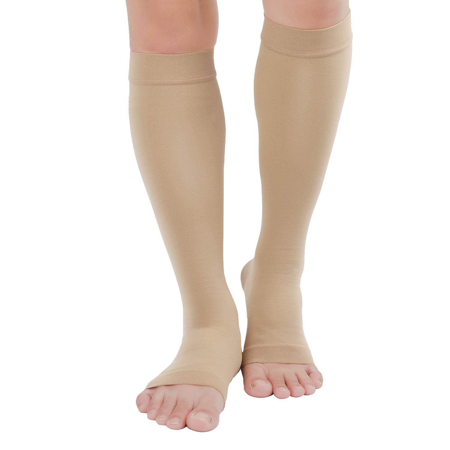 Photo 1 of TOFLY® Compression Stockings (Pair), Grade Firm Support 20-30mmHg, Opaque, Unisex, Open Toe Knee High Compression Socks for Varicose Veins, Edema, Shin Splints, Nursing, Travel, Beige L