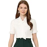 Allegra K Women's Bow Tie Office Elegant Button Short Sleeve Blouse