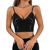Haoohu Women's Sparkly Sequin Spaghetti Strap Crop Top Sleeveless V Neck Rave Tank Vest Clubwear