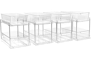 4 Pack 2-Tier Bathroom Under Sink Organizers and Storage - Clear Stackable Containers for Kitchen, Pantry, Vanity, Medicine C