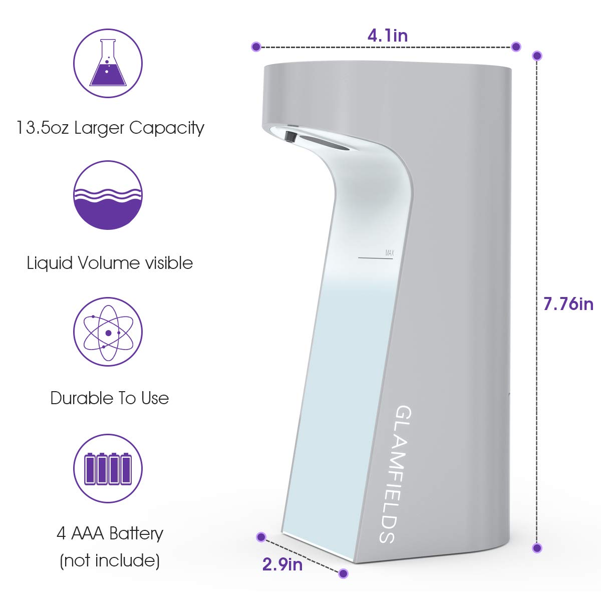 GLAMFIELDS Soap Dispenser Upgraded 13.5oz/400ml Touchless Automatic Soap Dispenser Hands-Free Liquid Dish Soap Dispenser, IPX4 Waterproof for Kitchen Bathroom (Silver)