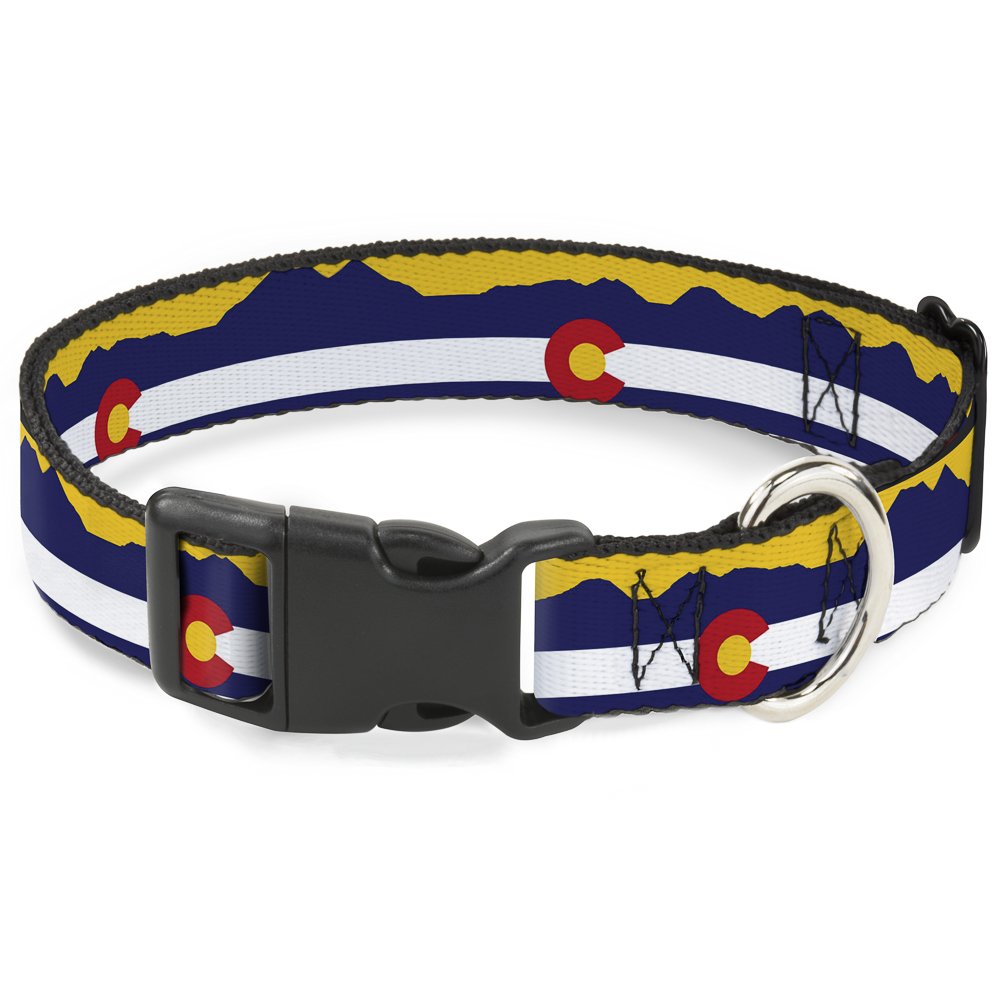 Buckle Down Plastic Clip Collar - Colorado Flag/Mountain Silhouette Yellow - 1" Wide - Fits 15-26" Neck - Large