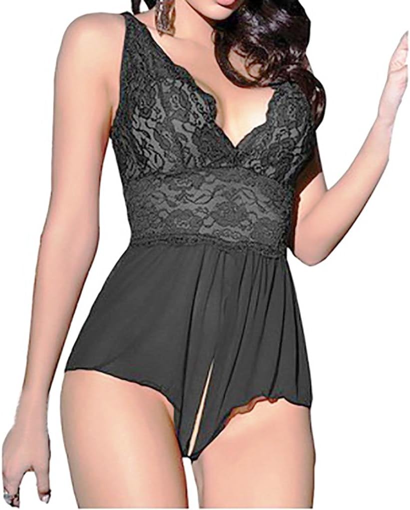 Quistal Women's Lingerie Deep V-Neck Halter Lace Babydoll Underwear Comfortable Sleepwear Nightwear