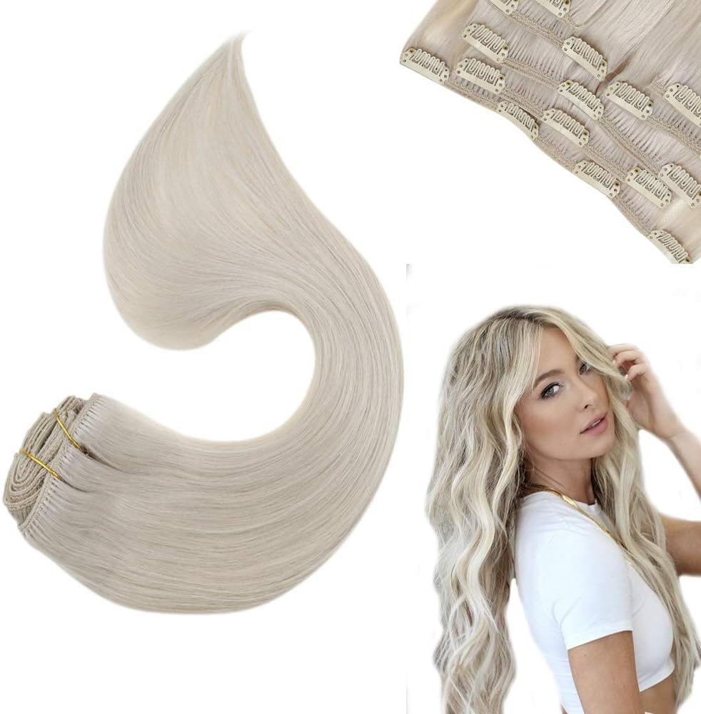 Blonde Human Hair Clip in Extensions Brown Highlight Blonde Hair Extensions Clip in Real Human Hair 7Pcs 120g Clip in Hair Extensions Human Hair 14 Inch