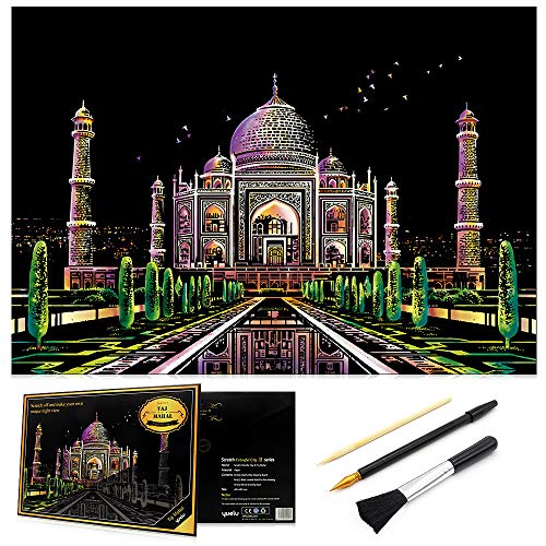 Scratch Art Rainbow Painting Paper, Sketch Pad DIY Night View Scratchboard for Kids & Adults, Engraving Art & Craft Set, Scratch Painting Creative Gift, 16'' x 11.2'' with 3 Tools (Taj Mahal-India)