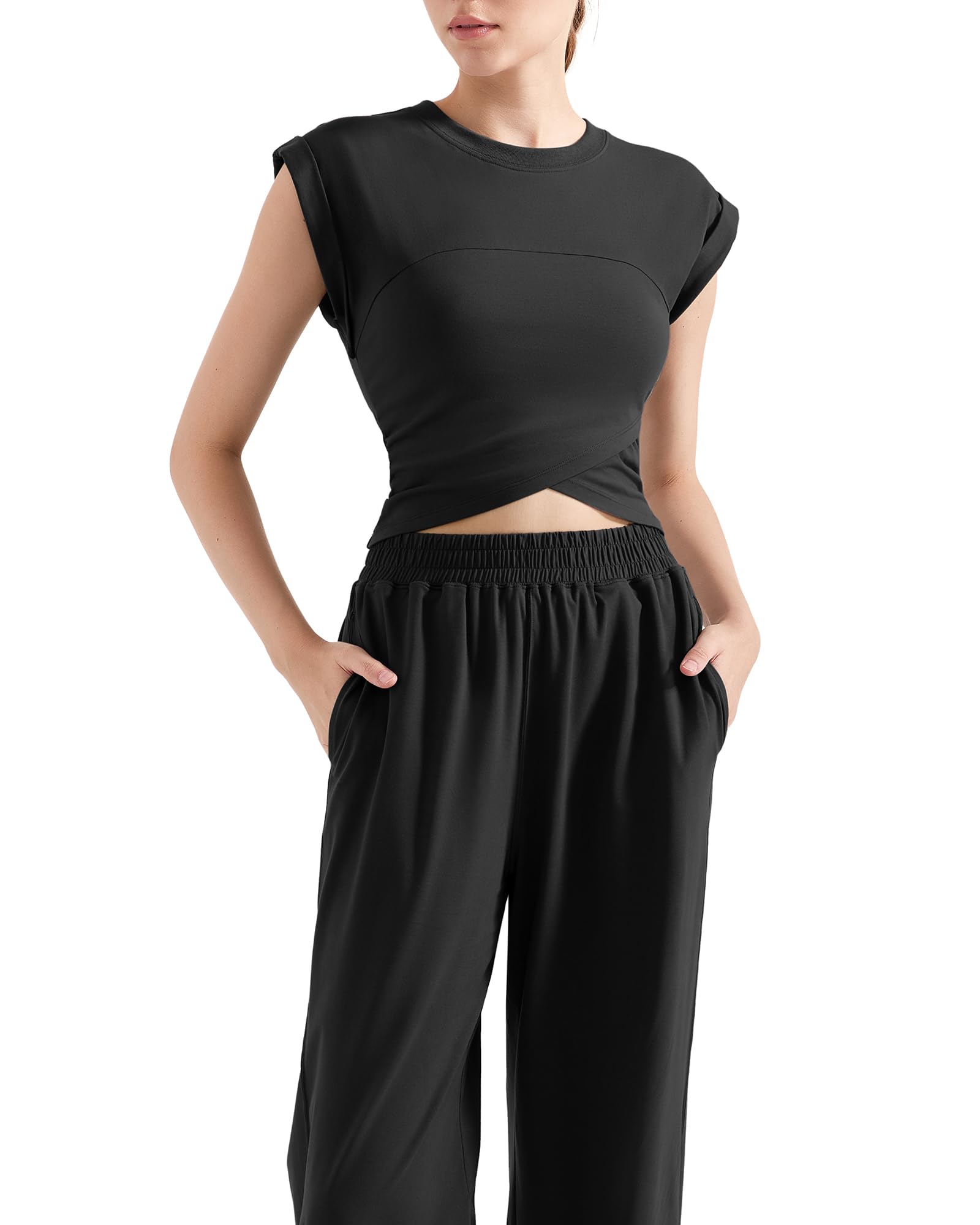 Photo 1 of SUUKSESS Women 2 Piece Matching Lounge Workout Sets Outfits Sleeveless Cropped Tops Summer High Waisted Wide Leg Pants(Black S)