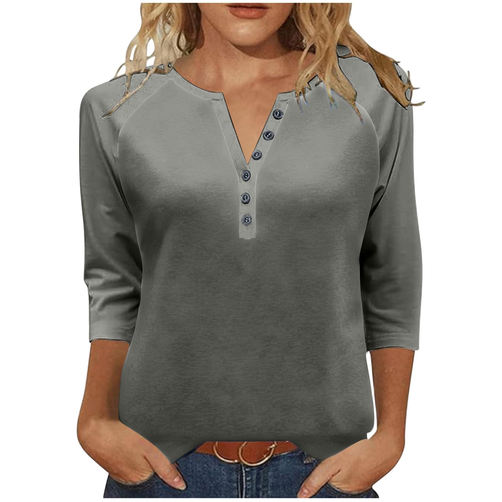 3/4 Length Sleeve Womens Tops Dressy Trendy Button