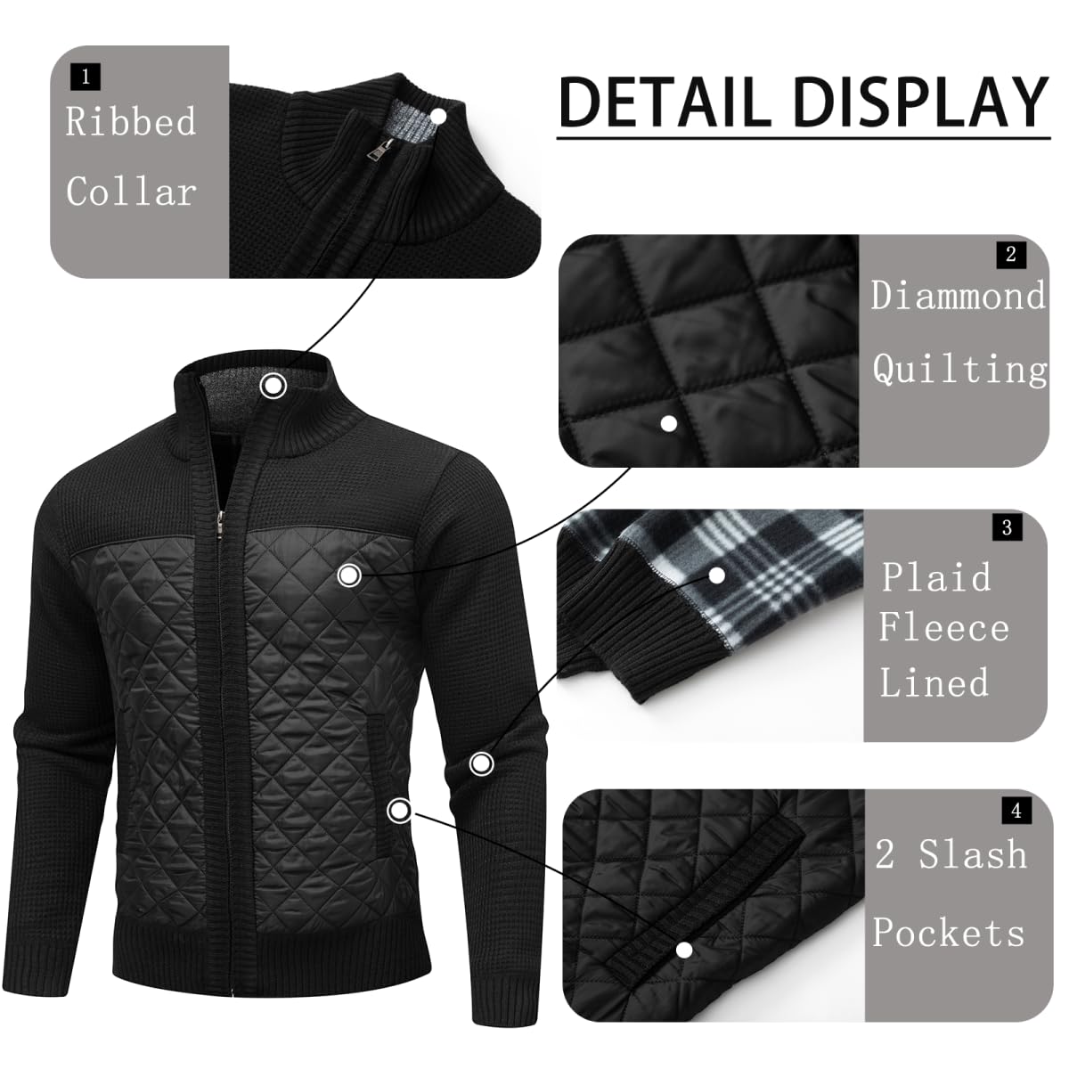 AKuVoL Men's Cardigan Sweaters Full Zip Stand Collar Slim Fit Long Sleeve Knitted Sweater with Pockets Black S