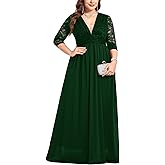 ZOMVA Plus Size Foraml Maxi Dress Deep V-Neck 3/4 Sleeve Lace Chiffon Wedding Dresses Cocktail Party Prom Evening Gown